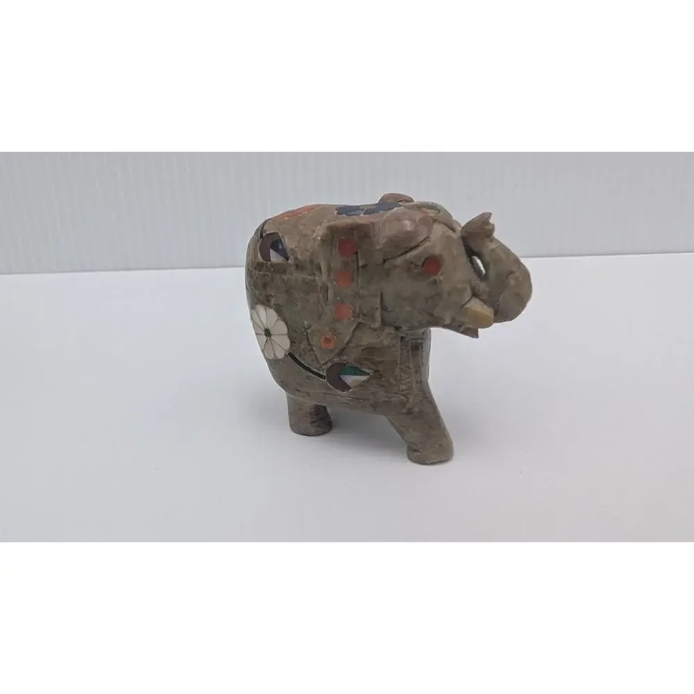 Set of 3 Inlaid Stone Marble (?) Elephants Floral Figurine Lot